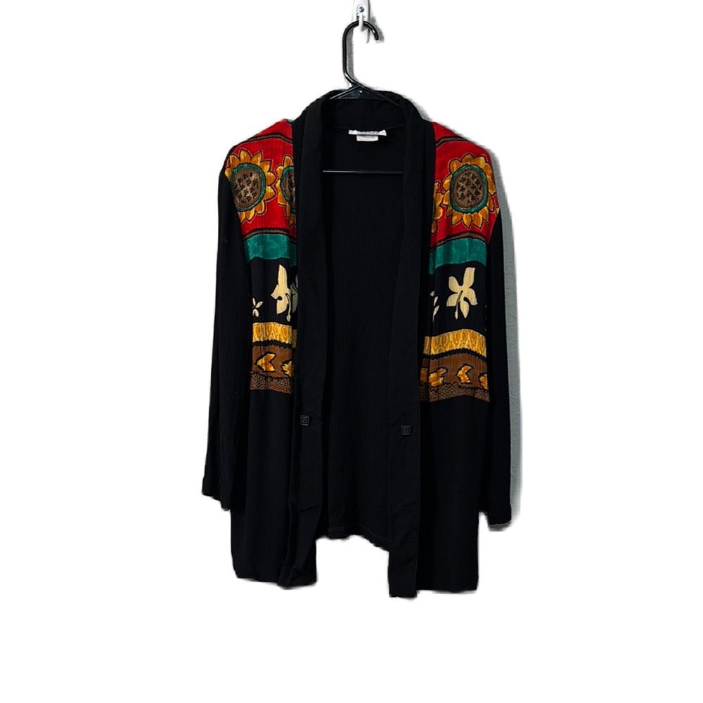 Black Lifestyles Cardigan by Sharon Anthony Sunflower Top Summer Lightweight 1X
